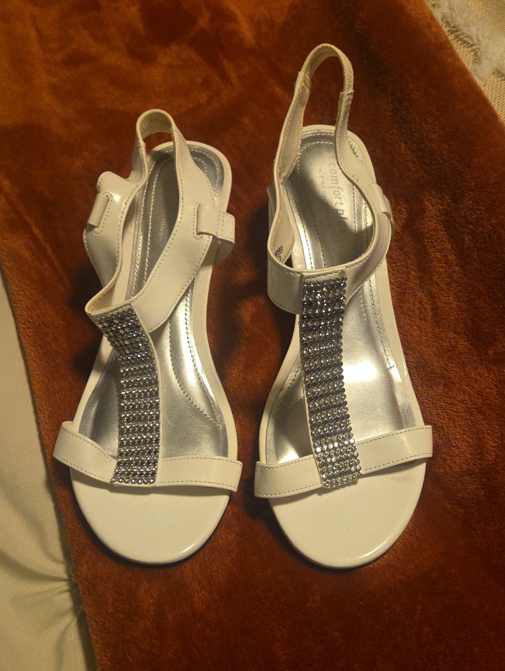 Predictions White Rhinestone T-Strap Slingback Sandals